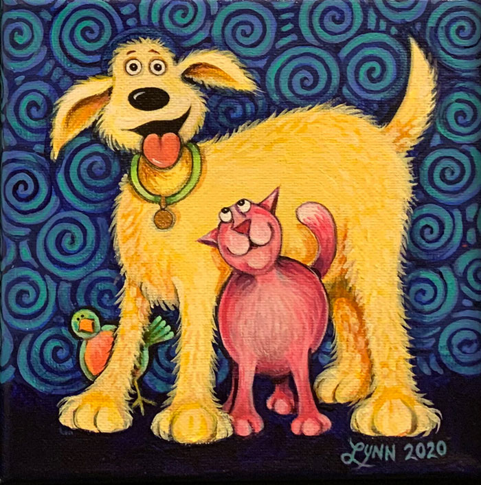 A yellow dog, a pink cat and a bird